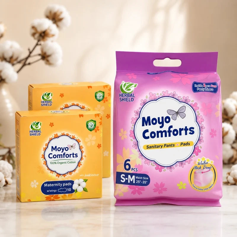 Moyo Comforts maternity pads with sanitary pants for postpartum care and heavy flow in Nairobi, Kenya.