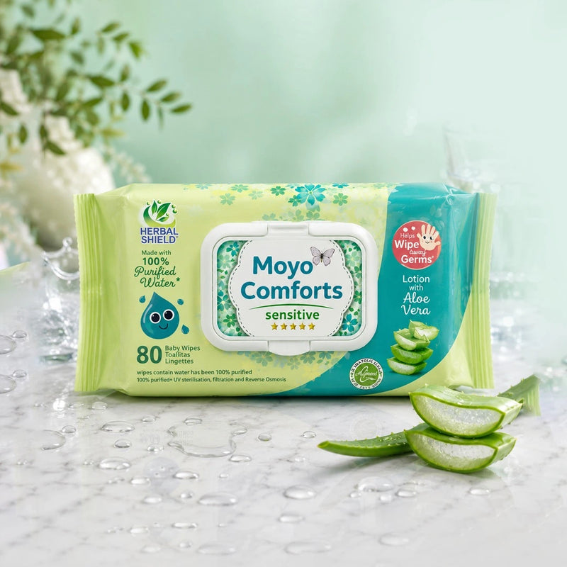 Single pack of Moyo Comforts Sensitive Baby Wipes with 80 sheets, aloe vera lotion and purified water