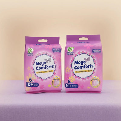 Moyo Comforts sanitary pants bundle featuring S-M and M-L sizes with leak-lock protection, Herbal Shield freshness, and free delivery across Kenya.
