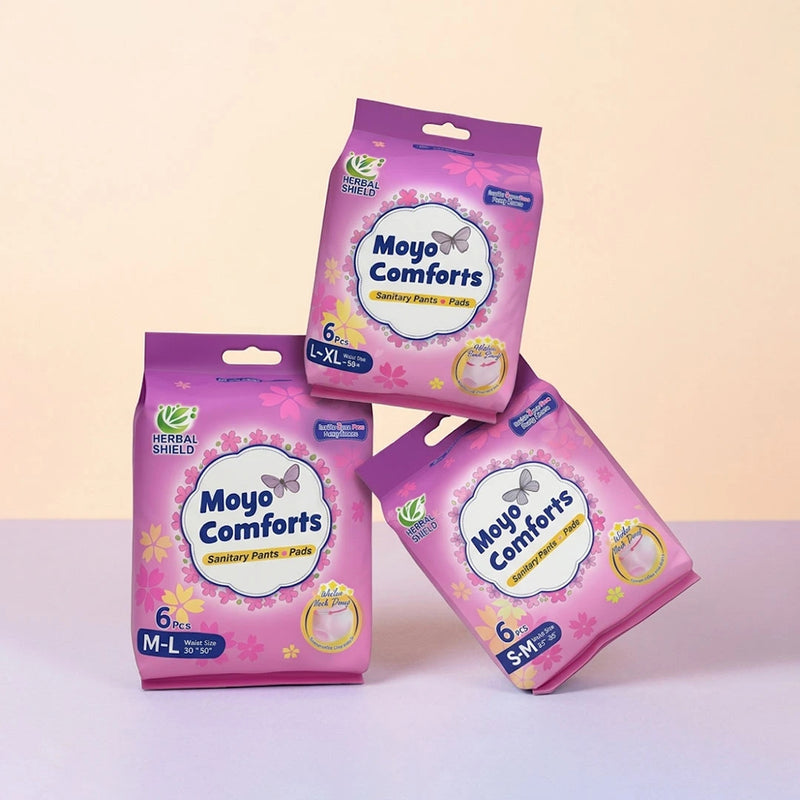 Moyo Comforts 3-pack sanitary pants bundle with S-M, M-L, and L-XL sizes for comfortable leak-proof menstrual protection and all-day confidence.