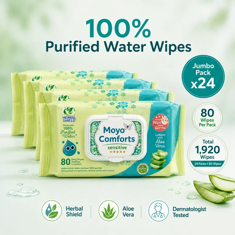 Moyo Comforts sensitive baby wipes jumbo carton 24 packs, 80 wipes each, with 100% purified water and aloe vera in Nairobi, Kenya.