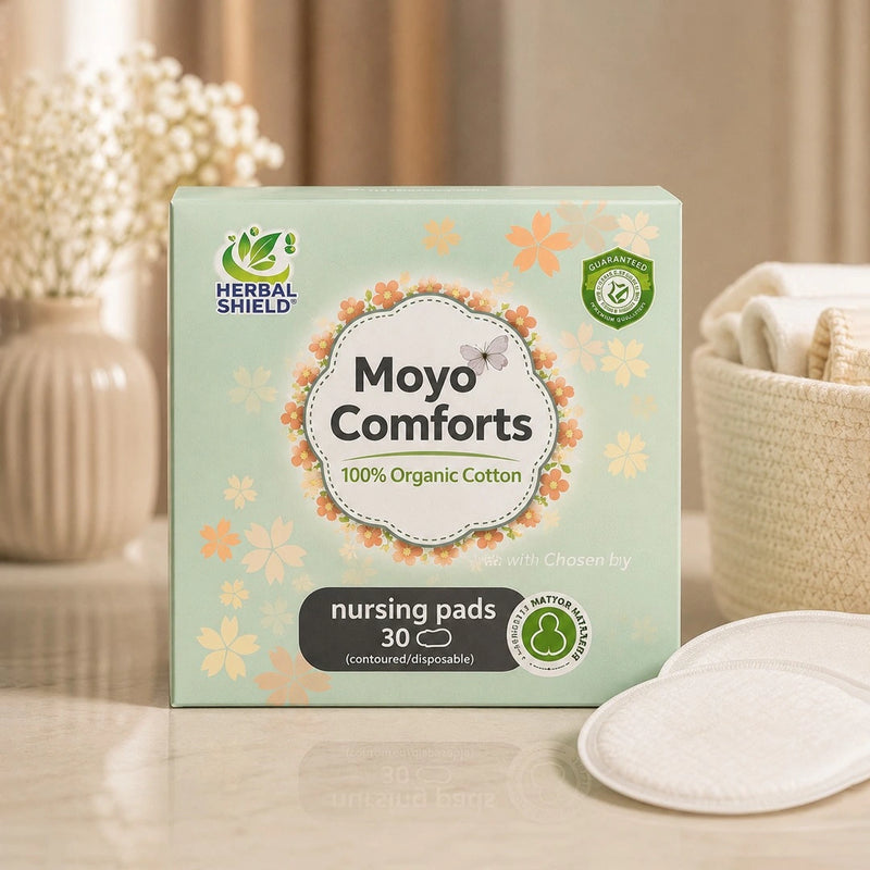 Single box of Moyo Comforts organic disposable nursing pads with 30 contoured pads