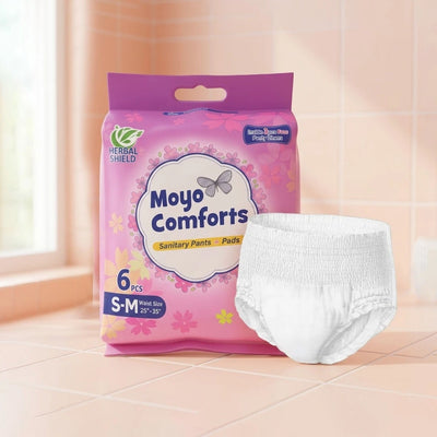 Moyo Comforts Sanitary Pants and Pads – leak-proof disposable period pants with 360° fitting, Herbal Shield protection, 20+ hour absorbency, and 3 free panty liners.