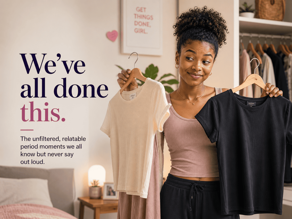  Kenyan woman choosing dark outfit during period, period comfort Kenya