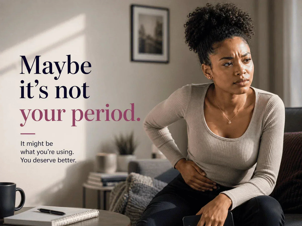 Moyo Comforts blog banner featuring a concerned woman experiencing menstrual discomfort with text highlighting the importance of choosing high-quality sanitary pads and period pants.