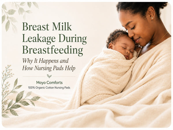 Kenyan breastfeeding mother using Moyo Comforts 100% organic cotton disposable nursing pads to manage breast milk leakage.