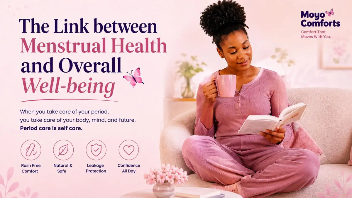 Black woman relaxing with a book and warm drink, representing menstrual health, period self-care, comfort, and overall well-being by Moyo Comforts.