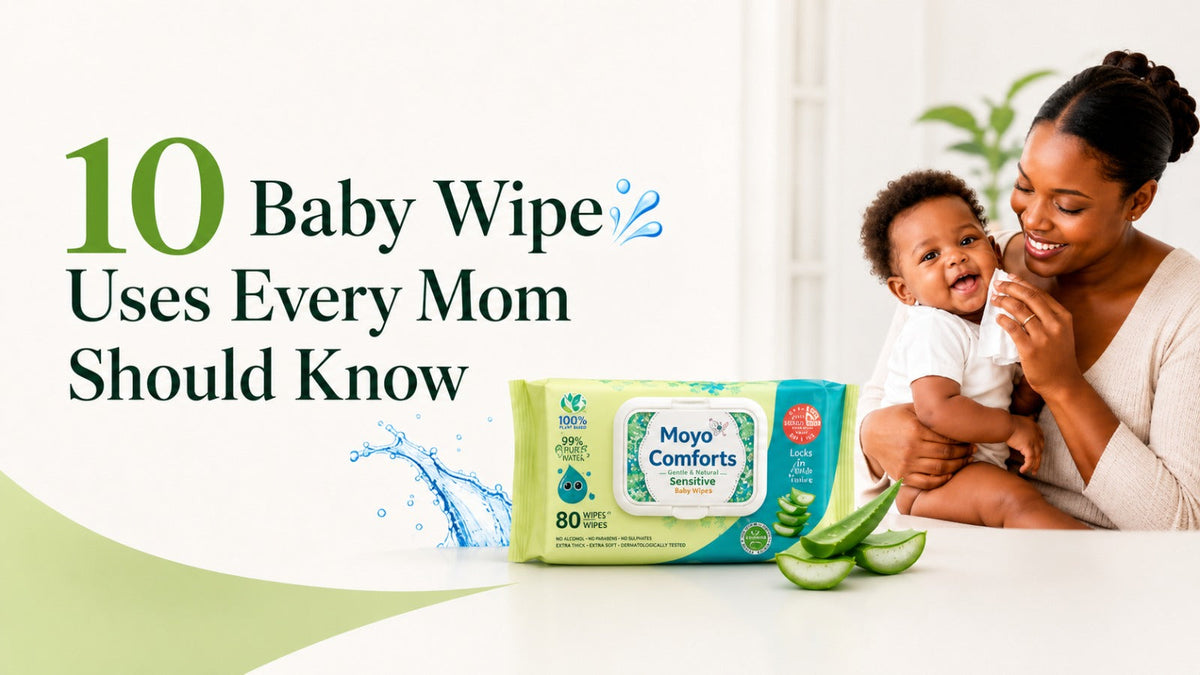 Mom using Moyo Comforts Sensitive Baby Wipes for everyday baby care