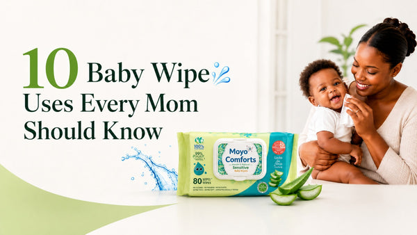 Mom using Moyo Comforts Sensitive Baby Wipes for everyday baby care