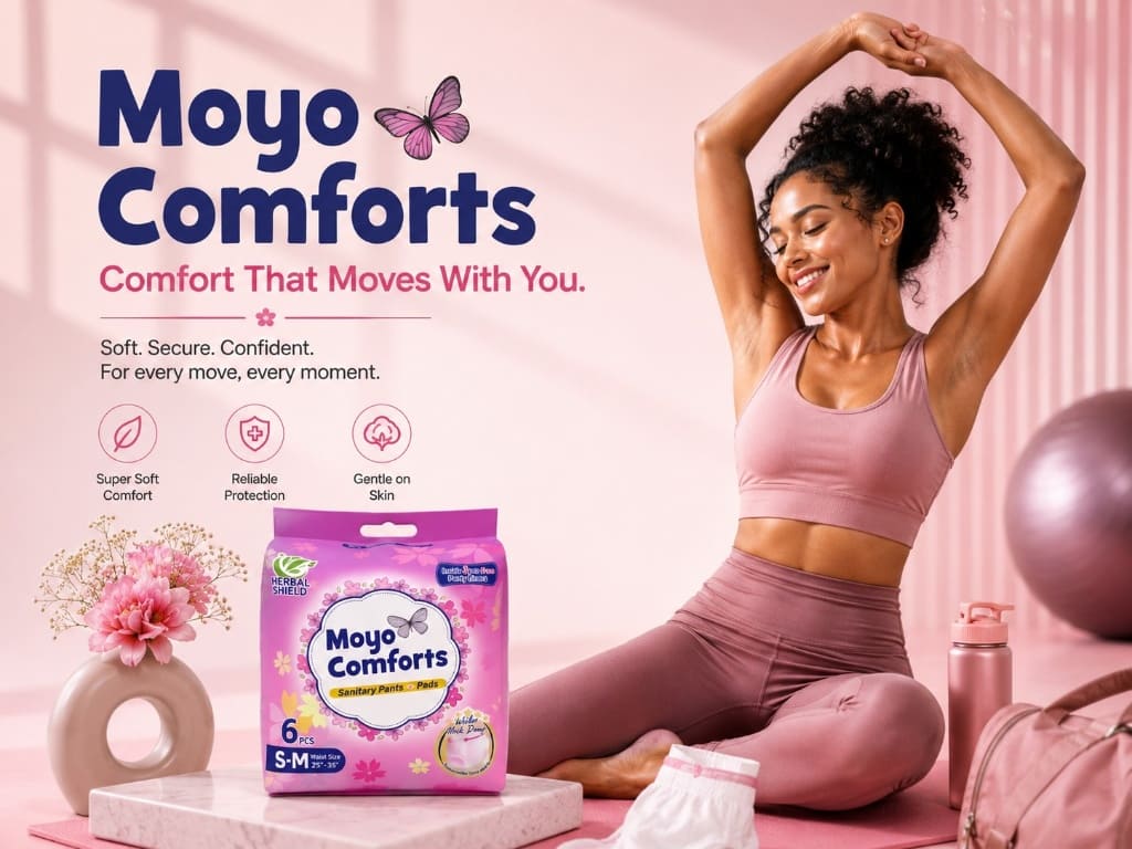 Moyo Comforts promotional image showcasing comfort that moves with you, featuring a woman doing yoga and a package of ultra-absorbent menstrual underwear for sports.