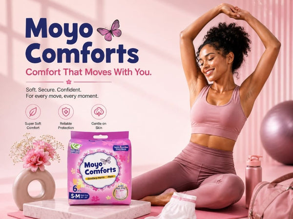 Moyo Comforts promotional image showcasing comfort that moves with you, featuring a woman doing yoga and a package of ultra-absorbent menstrual underwear for sports.