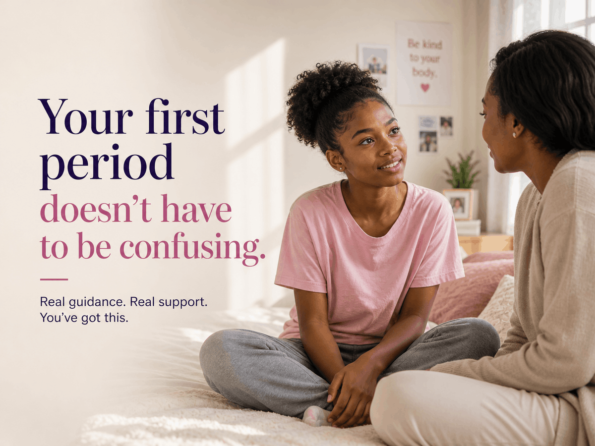 Teen girl discussing her first period with a trusted woman, highlighting menstrual education, emotional support, and period confidence.