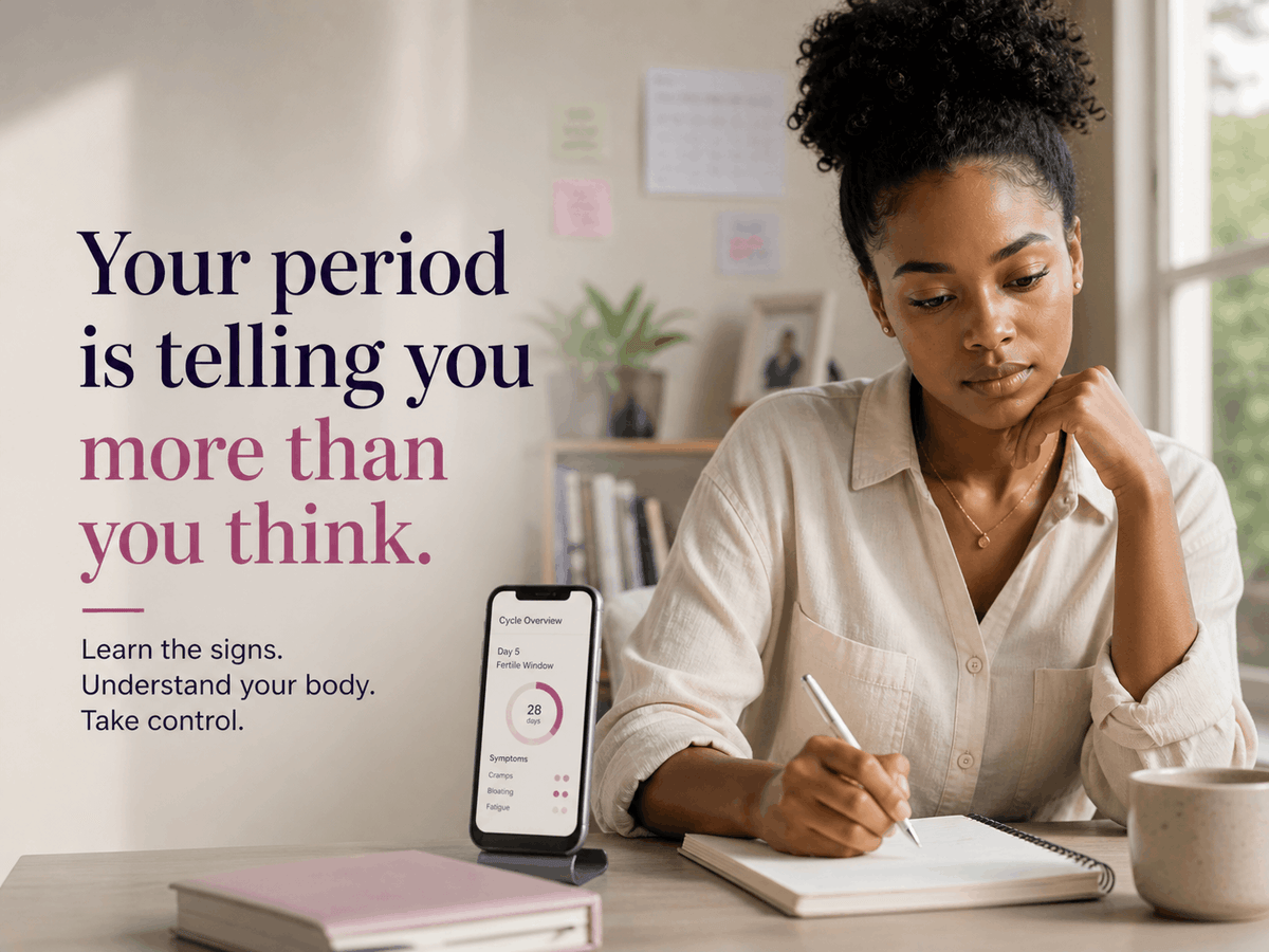 Woman tracking her menstrual cycle and symptoms to understand period health, hormonal balance, and overall women's wellness.