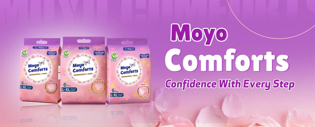 Moyo Comforts sanitary pads for women and girls, soft leak proof period pants, herbal rash free menstrual pads for heavy flow and everyday comfort