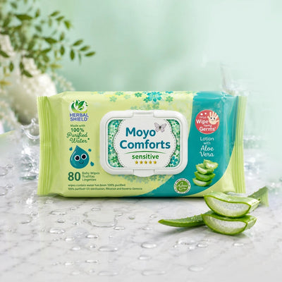 Single pack of Moyo Comforts Sensitive Baby Wipes with 80 sheets, aloe vera lotion and purified water