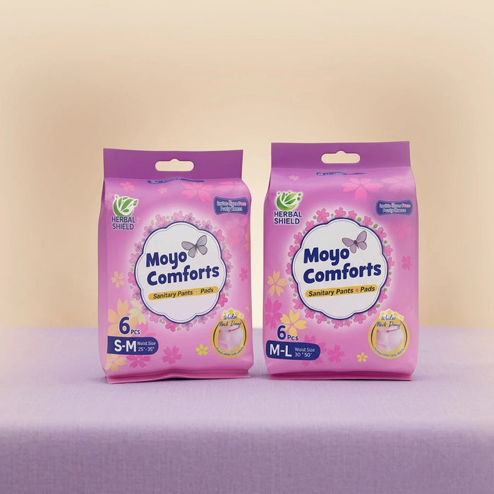 Moyo Comforts sanitary pants bundle featuring S-M and M-L sizes with leak-lock protection, Herbal Shield freshness, and free delivery across Kenya.