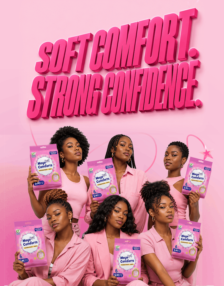 Moyo Comforts sanitary pants banner with confident women and soft comfort messaging.