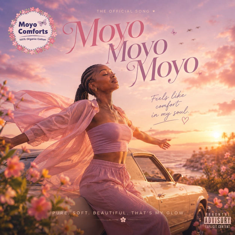 Soft pastel African wellness music cover by Moyo Comforts celebrating comfort and feminine confidence.