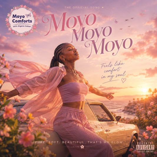 Soft pastel African wellness music cover by Moyo Comforts celebrating comfort and feminine confidence.