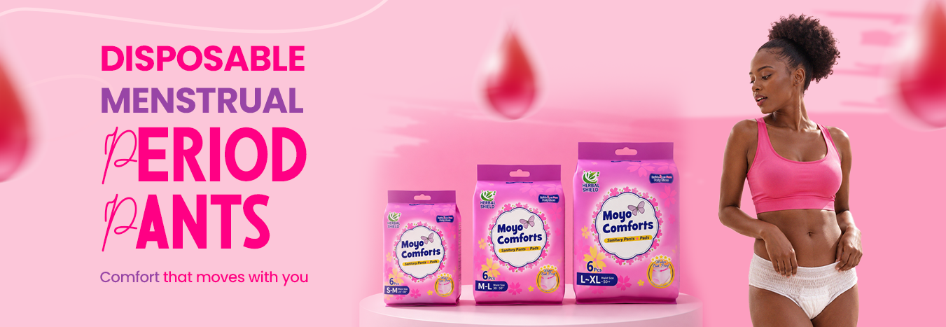 Moyo Comforts disposable period pants for women with 360 leak-proof protection.