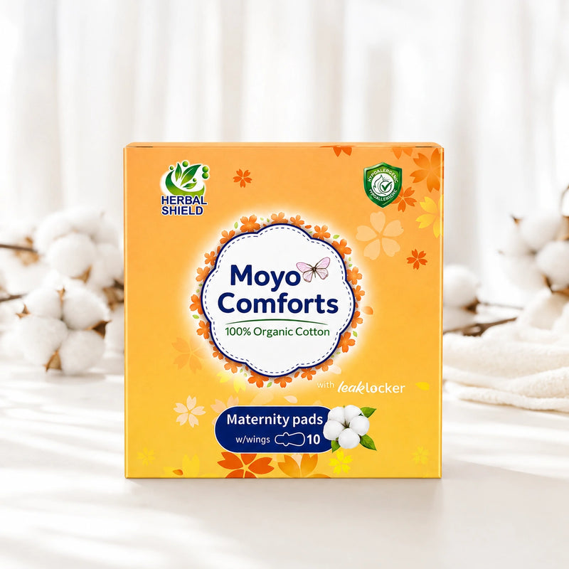 Moyo Comforts organic cotton maternity pads with wings for postpartum care in Kenya