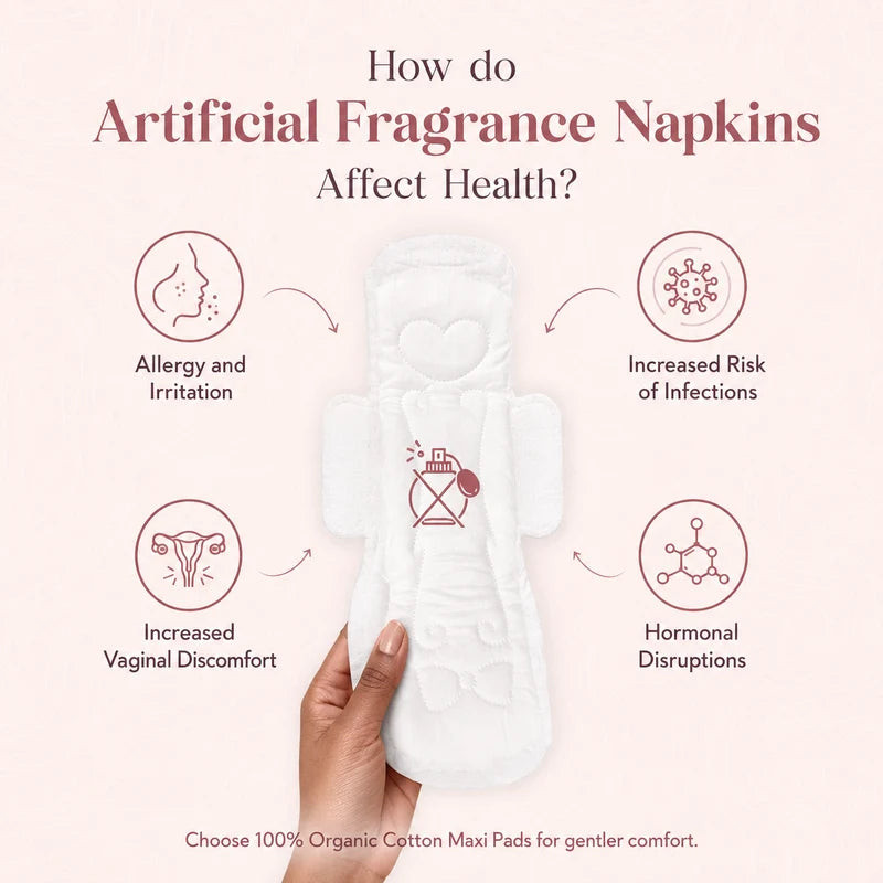 Period care infographic about artificial fragrance in sanitary pads and organic cotton maxi pad comfort in Kenya