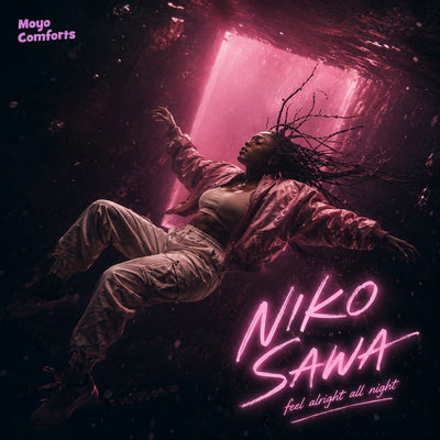 African woman floating in neon pink aesthetic for Moyo Comforts empowerment music cover.