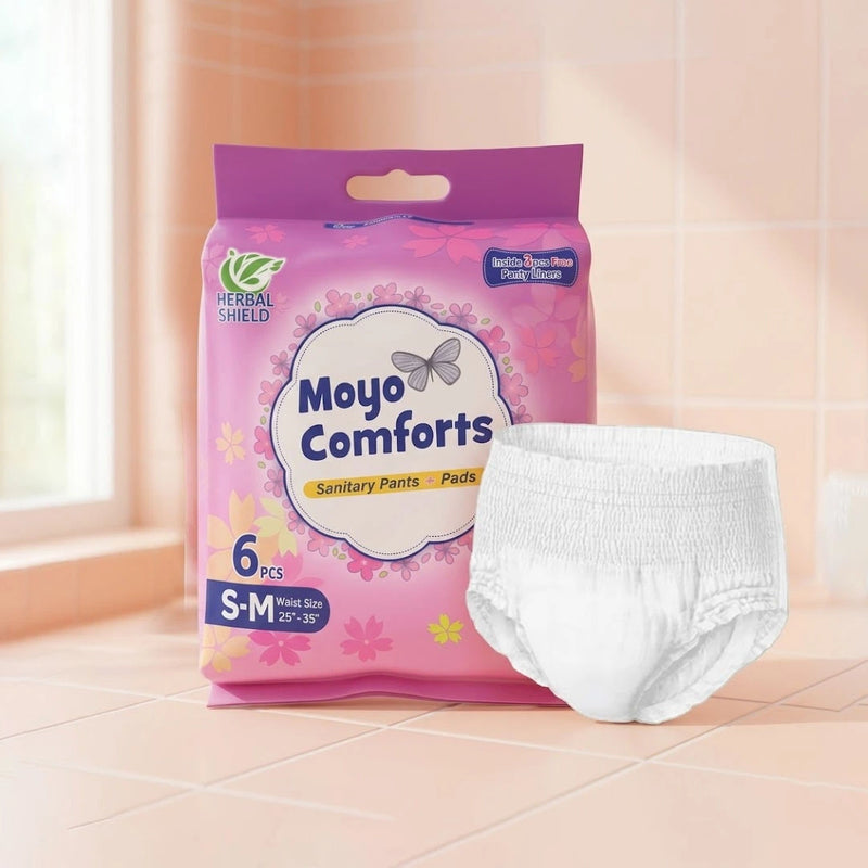 Moyo Comforts Sanitary Pants and Pads – leak-proof disposable period pants with 360° fitting, Herbal Shield protection, 20+ hour absorbency, and 3 free panty liners.