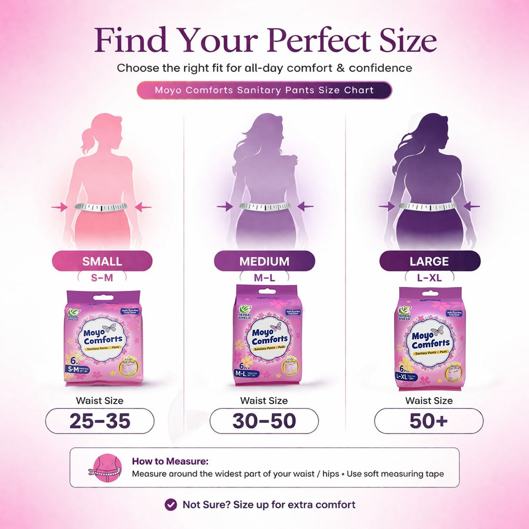 Moyo Comforts sanitary pants size guide showing available options for a comfortable and secure fit.