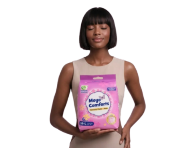 African woman holding a Moyo Comforts sanitary pants pack, promoting comfortable, secure and full-coverage period protection.