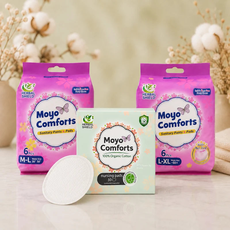 Moyo Comforts organic cotton nursing pads with sanitary pants bundle for mothers in Nairobi, Kenya.
